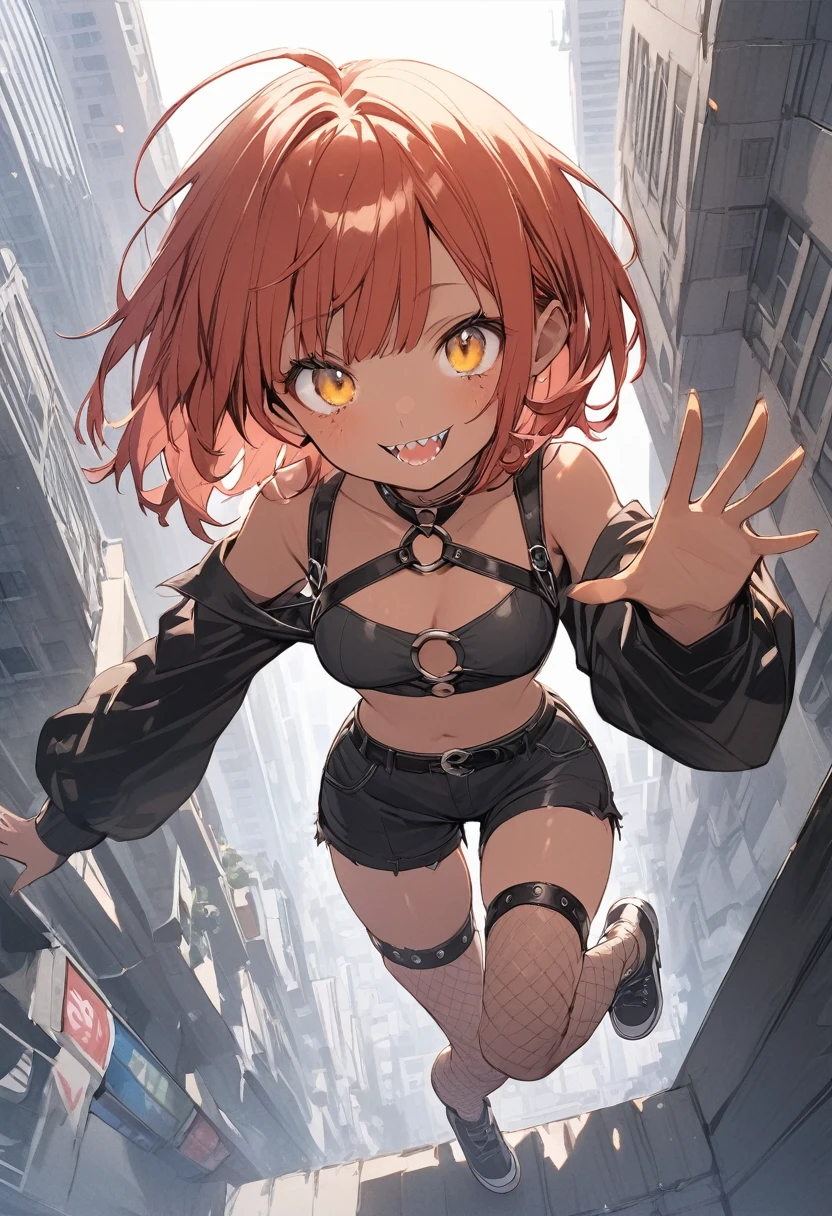 full body,1 woman, 20 years old (cute:1.3),short red Hair, left eye blue, right eye yellow, tan skin, freckles, sharp teeth,{open sexy clothes, black skirt, Black stockings, long sleeves, chest harness, black shirt, crop top, shorts, Shoes, O-Ring, midriff, off shoulder, medium breasts, thigh strap, shorts, fishnet stockings,Glossy, shiny material, falling off the edge of a high rise building down to the city down below, reaching out towards the camera, scared expression