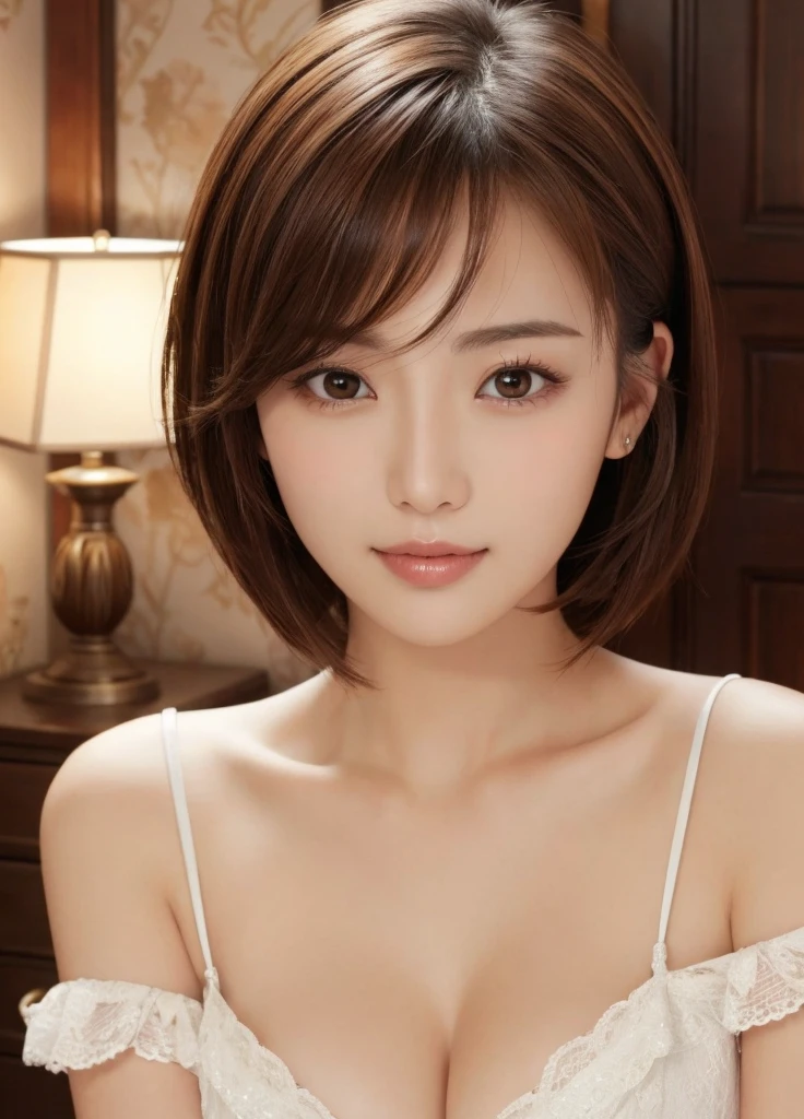 masterpiece、Highest quality、High resolution、Tabletop、wallpaper、Realistic、Bright lighting、Professional Lighting、Face Light、Smooth lighting、Japanese women、Adult、Beautiful woman、action、gravure、sexy、so beautiful、Beautiful Skin、Beautiful and exquisite、Detailed face、slim、moderately、short hair、Brunette colored hair、Brown eyes、Looking into the camera、Large Breasts、Cleavage、whole body、