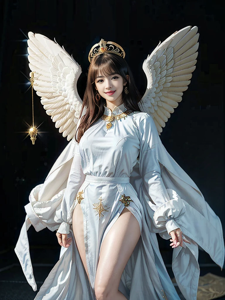 ((Very beautiful angel queen,The final form as a perfect angel, the masterpiece of an angel,Huge and intricate angel wings,The most dignified wings,Golden light,shining background,The most opulent and holy temple background,White and gold temple background,King of Angels,The most dignified angel,Intricate and solemn dresses,Light blue and gold embellishment dress on white,Light blue and gold dress on white base,Complex and majestic angel figure,The most majestic figure of the devil,The most intricately depicted figure of an angel,The World's Most Beautiful,Unimaginable beauties,divine atmosphere,The most intricate and beautiful dresses,Intricate reproduction of the perfect angelic detail,The figure of an unimaginably gorgeous angel,The figure of an unimaginably huge angel)), (((Tyndall effect;1.45))), ((Most beautiful face,Half Japan and half Spanish,The biggest happy smile,Beautiful wavy hair,Black and red hair,The most luxurious and intricate dresses,The biggest smile looking at the camera)),(Elegant standing figure,Fold your hands in front of your navel,)),Chest that seems to burst,Giant wings of angels,The background is the appearance of a perfect angel castle,Masterpiece,8K,very intricate,ultra-detailliert, nsfw