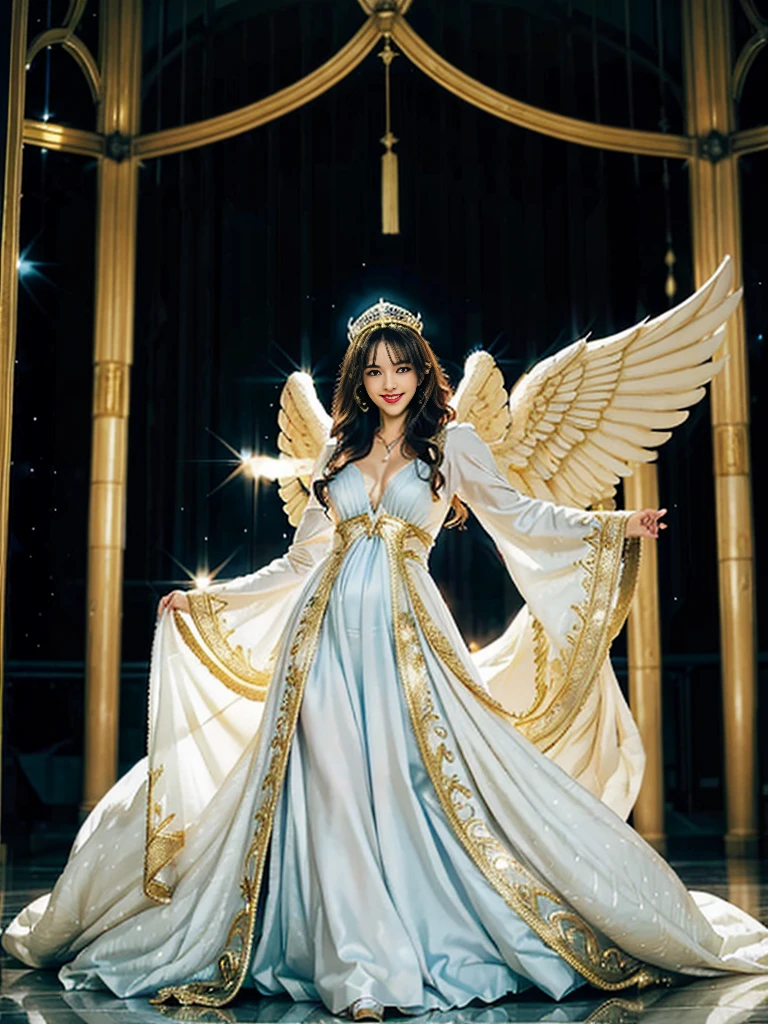 ((Very beautiful angel queen,The final form as a perfect angel, the masterpiece of an angel,Huge and intricate angel wings,The most dignified wings,Golden light,shining background,The most opulent and holy temple background,White and gold temple background,King of Angels,The most dignified angel,Intricate and solemn dresses,Light blue and gold embellishment dress on white,Light blue and gold dress on white base,Complex and majestic angel figure,The most majestic figure of the devil,The most intricately depicted figure of an angel,The World's Most Beautiful,Unimaginable beauties,divine atmosphere,The most intricate and beautiful dresses,Intricate reproduction of the perfect angelic detail,The figure of an unimaginably gorgeous angel,The figure of an unimaginably huge angel)), (((Tyndall effect;1.45))), ((Most beautiful face,Half Japan and half Spanish,The biggest happy smile,Beautiful wavy hair,Black and red hair,The most luxurious and intricate dresses,The biggest smile looking at the camera)),(Elegant standing figure,Fold your hands in front of your navel,)),Chest that seems to burst,Giant wings of angels,The background is the appearance of a perfect angel castle,Masterpiece,8K,very intricate,ultra-detailliert, nsfw