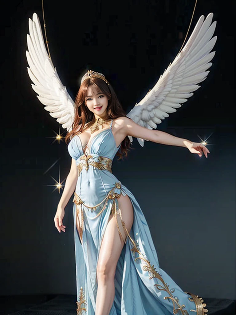 ((Very beautiful angel queen,The final form as a perfect angel, the masterpiece of an angel,Huge and intricate angel wings,The most dignified wings,Golden light,shining background,The most opulent and holy temple background,White and gold temple background,King of Angels,The most dignified angel,Intricate and solemn dresses,Light blue and gold embellishment dress on white,Light blue and gold dress on white base,Complex and majestic angel figure,The most majestic figure of the devil,The most intricately depicted figure of an angel,The World's Most Beautiful,Unimaginable beauties,divine atmosphere,The most intricate and beautiful dresses,Intricate reproduction of the perfect angelic detail,The figure of an unimaginably gorgeous angel,The figure of an unimaginably huge angel)), (((Tyndall effect;1.45))), ((Most beautiful face,Half Japan and half Spanish,The biggest happy smile,Beautiful wavy hair,Black and red hair,The most luxurious and intricate dresses,The biggest smile looking at the camera)),(Elegant standing figure,Fold your hands in front of your navel,)),Chest that seems to burst,Giant wings of angels,The background is the appearance of a perfect angel castle,Masterpiece,8K,very intricate,ultra-detailliert, nsfw