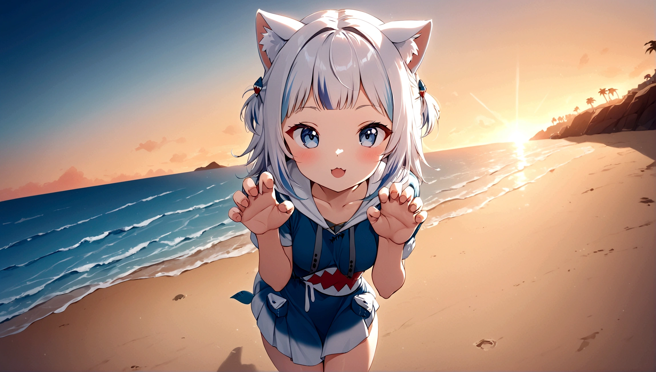 (Resort Beach), ((One girl)), cute, (Chibi Character), (Put your hands behind your back:1.3), (happy:1.3), (Open your mouth:1.3), (Cat ear), ((Gray Hair)), Bobcut, Blue Eyes, (Off-the-shoulder bikini), (White Bikini), barefoot, sun, Daytime, Outdoor, Full Body Shot, ((Highest quality)), ((masterpiece)), (More detailed), 4K, Perfect Face, Perfect Arms, Perfect hands, Perfect Fingers, anime, Ultra-fine illustration,