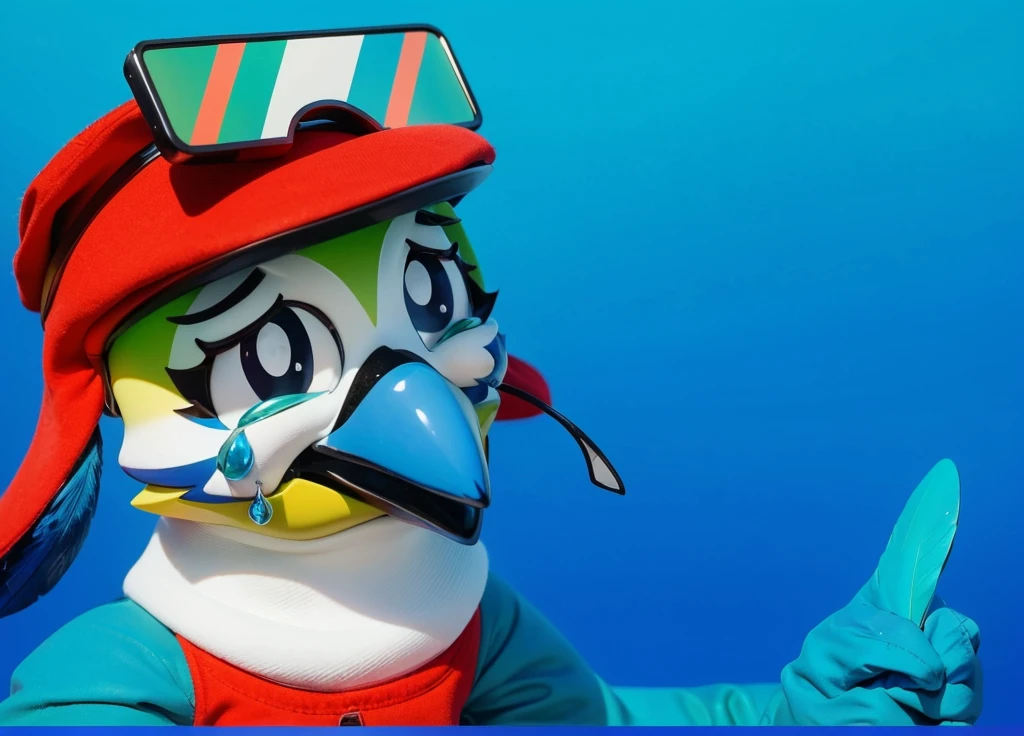 This image depicts a cartoon bird character against a gradient blue background. The bird has multicolored plumage with a dominant green on its forehead, white on its neck, and a blue beak. The feathers are textured, adding a layer of realism to the character's colorful appearance. The bird is wearing a red cap with a large visor and goggles with blue and white lenses, which are lifted onto its head. Its face shows large, expressive eyes with tears streaming down its cheeks, giving an impression of sadness or sorrow. The character is dressed in a red vest that contrasts with its textured blue feathers. The emotional expression, combined with the detailed feather texture, adds depth and charm to the image.