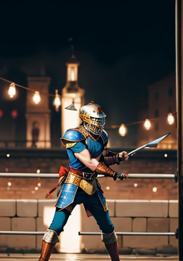 a muscular gladiator wearing a fish-shaped steel helmet