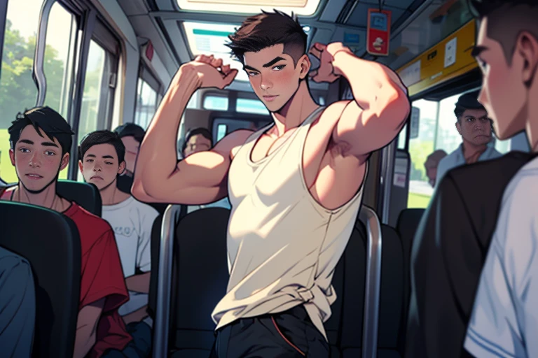 grasp、、((19-year-old short-haired boy)) in tank top grabs butt on bus、Raising arms to show armpits、shortpants、Fat uncle touching boy's ass１a person、Grabbing the buttockolesting、Touching your buttocks on the bus、red blush、