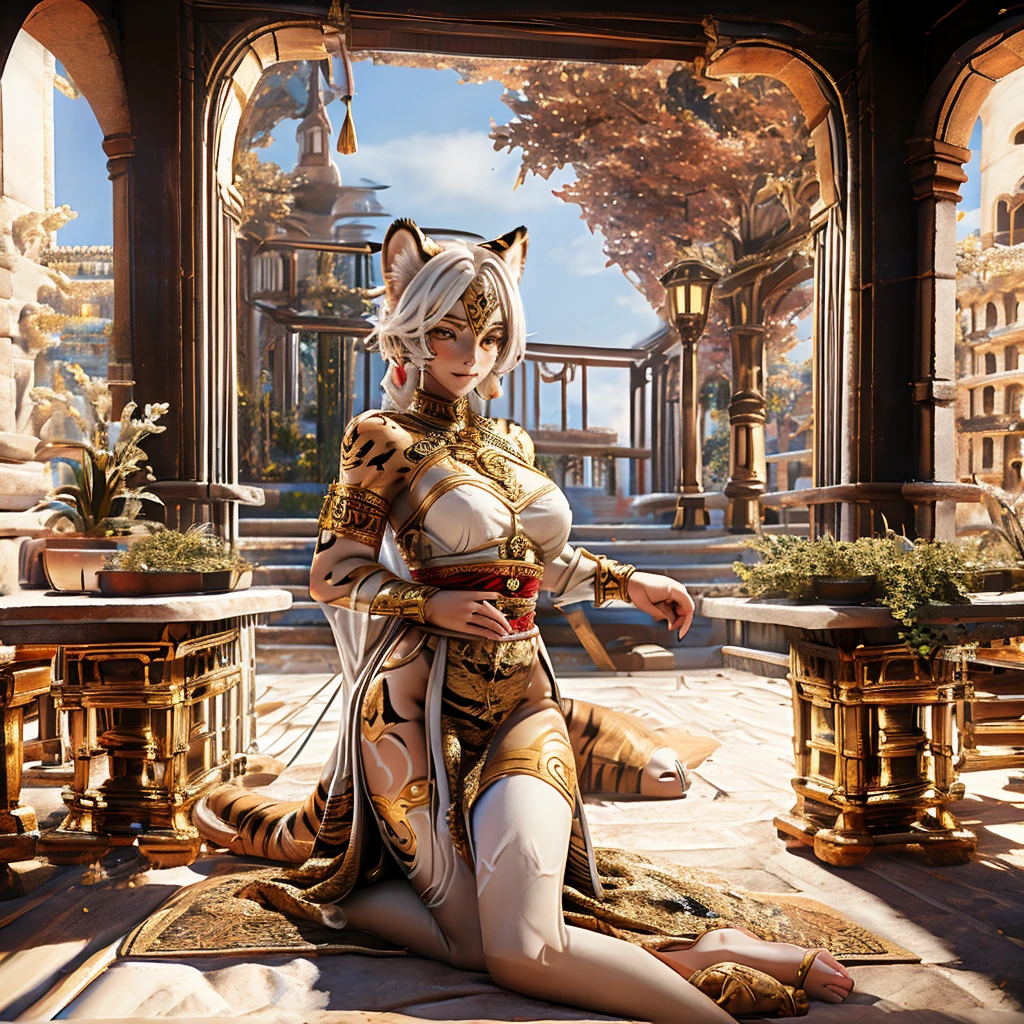 [intricate and detailed masterpiece of a goddess, realistic 4k image], the goddess is of human-feline race, she is adorned with intricate tiger tattoos, wearing a celestial outfit with gold embroidery , (accompanied by her faithful white tiger companion) in a heavenly place