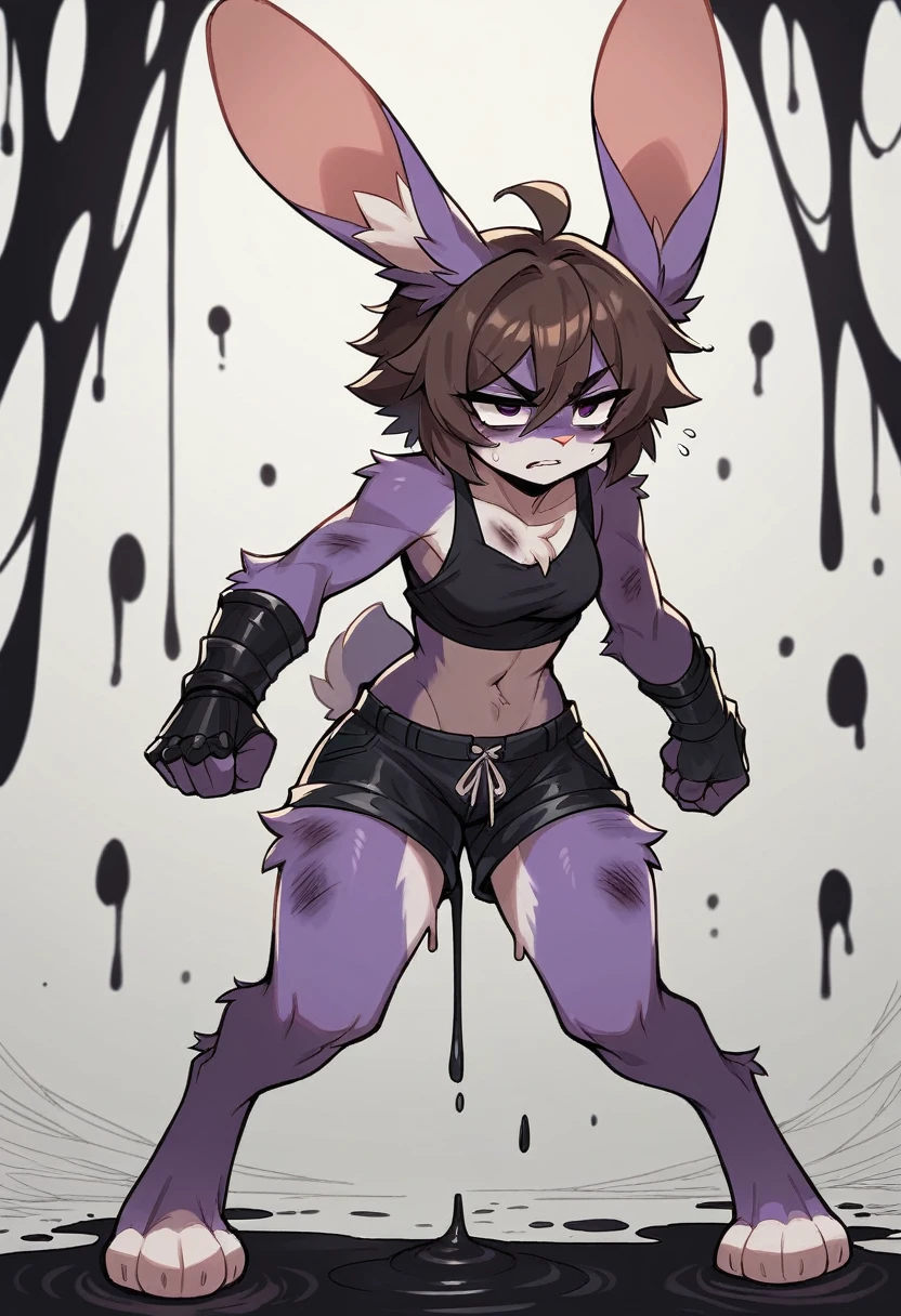 create a picture of a female half rabbit character  with purple giant rabbit digitigrade legs with white paws, put purple rabbit ears on top of her head, make her wearing a black athletic tank top and black shorts, put purple fur on her arms from her elbows down, give her short brown hair, make her legs look fluffy and furry, make it in an anime style, make her outfit slightly tattered and torn, make her look super tired, give her black gauntlets, make the background look like a pitch black wet environment, cover her fur in black goo, make the black goo dripping from her, make her look bruised, make her standing determined