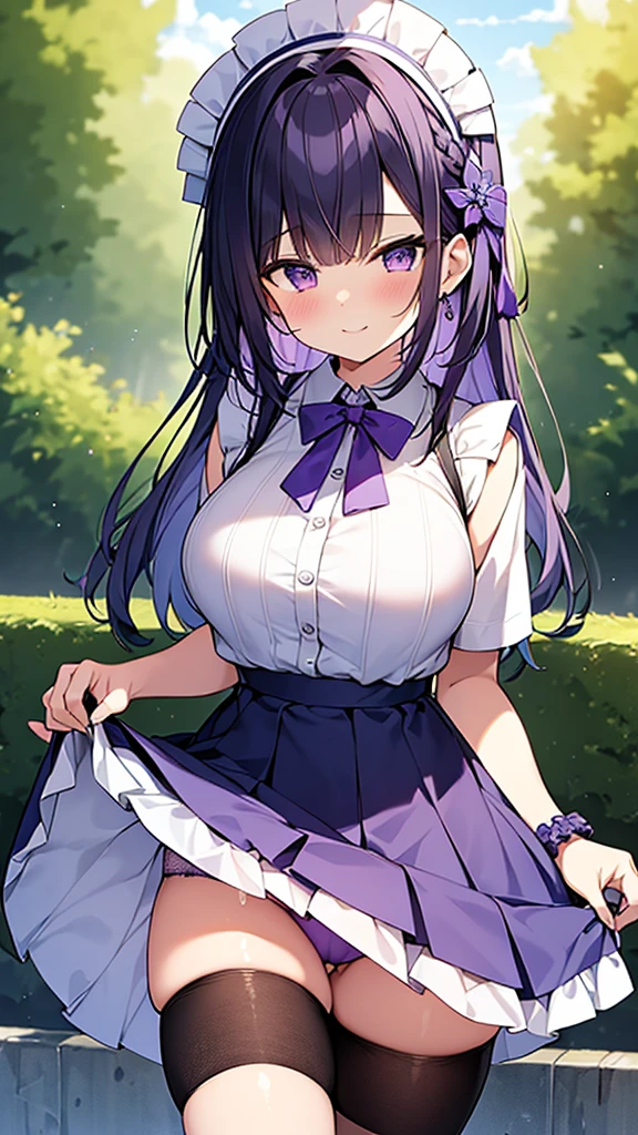 最high quality, high quality, Super detailed, 16K, Ultra-detailed details, pretty girl, alone, beautiful purple hair, Beautiful purple eyes, Big Breasts, A light smile, Summer clothes, Summer Maid clothes, I'm lifting my skirt, Blue and white color striped underwear(Showing her underwear under her skirt), Black knee socks, My crotch is wet with love juice, {{The master steals the face and voice of the girl he likes, then lifts up her skirt with the girl&#39;s face and voice to seduce the master.}}, Full body image, NSFW