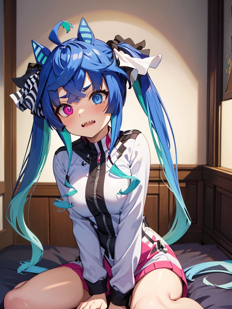 (masterpiece、top-quality、hight resolution), Inside the private room, create an image from the protagonist's point of view. The woman who helped her is visiting and talking to the protagonist. The room has only a few lights and a bed. From her demeanor and behavior, it is clear that she intends to perform sexual services on the protagonist in return. She blushes but is willing to serve. nsfw, Twin_Turbo_Umamusume, aqua hair, twintails, heterochromia, purple eyes, blue eyes, sharp teeth,