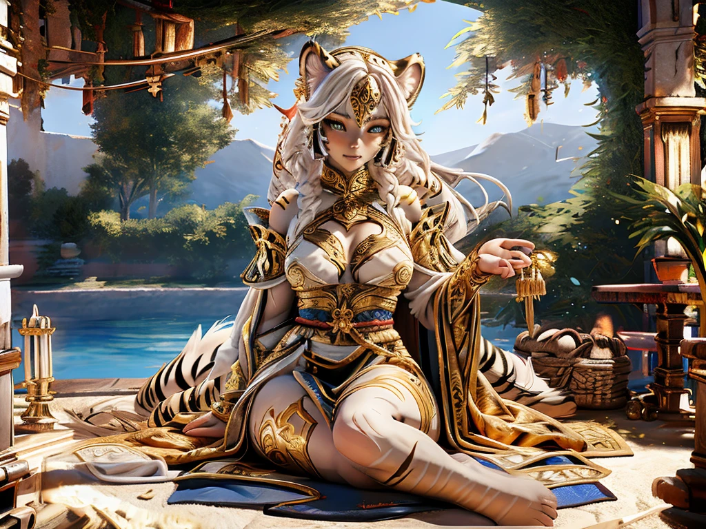 [intricate and detailed masterpiece of a goddess, realistic 4k image], the goddess is of human-feline race, she is adorned with intricate tiger tattoos, wearing a celestial outfit with gold embroidery , (accompanied by her faithful white tiger companion) in a heavenly place