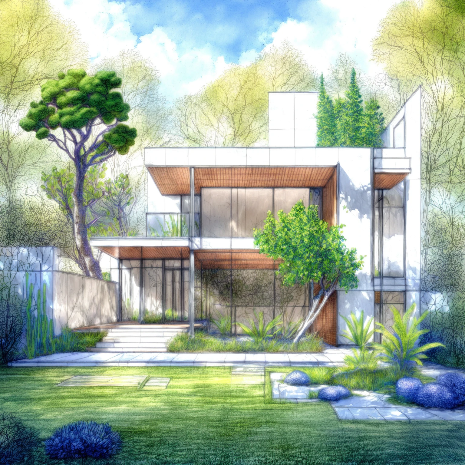 a drawing of a house with a lot of plants and trees, architectural illustration, architectural rendering, architectural sketch, beautiful rendering, realistic architecture, architectural render, architecture drawing, architectural concepts, high quality architectural art, architectural concept, architectural design, concept house, architecture design, architectural visualisation, architecture concept, low details and clean lines, beautiful artist rendering