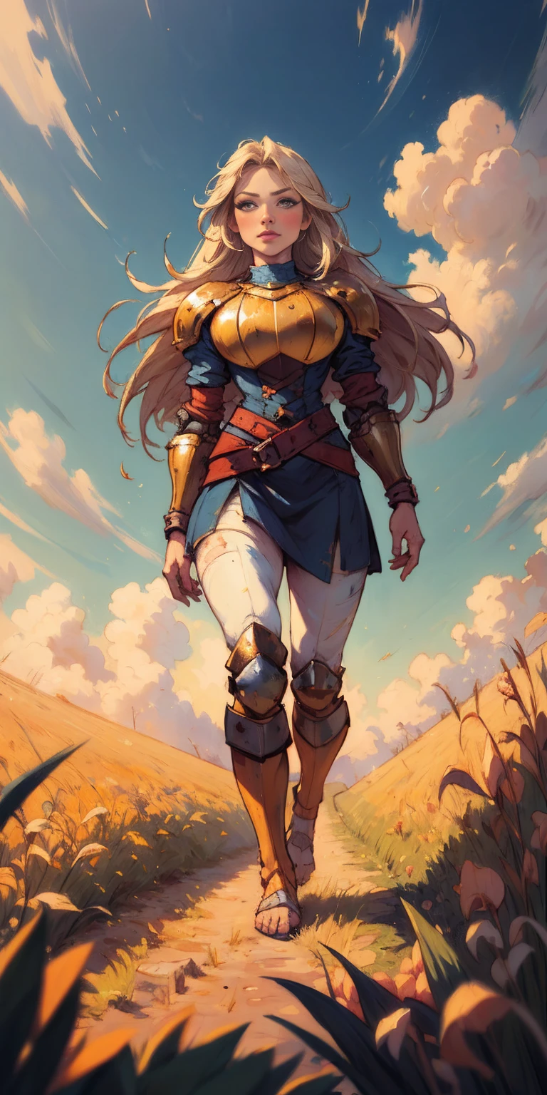 stunning painting of a knight with long blonde hair, wheat field, epic clouds ((painterly)) ((impressionist)) vibrant, soft edges (((warm glow))) full body whole body view from below 1sologirl, feet together, view from below while walking to the viewer