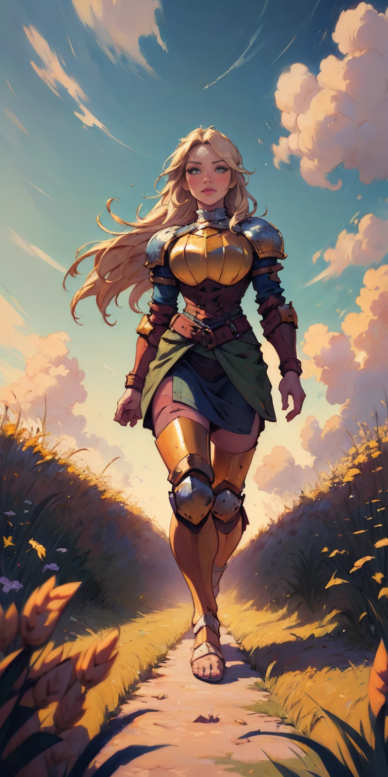 stunning painting of a knight with long blonde hair, wheat field, epic clouds ((painterly)) ((impressionist)) vibrant, soft edges (((warm glow))) full body whole body view from below 1sologirl, feet together, view from below while walking to the viewer