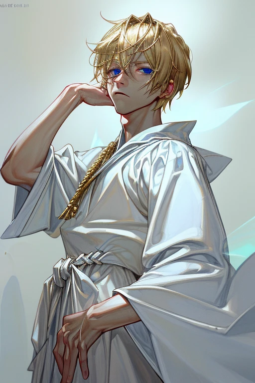 Blond boy with blue eyes，Wearing white priestly robes。realism,High level of detail。 