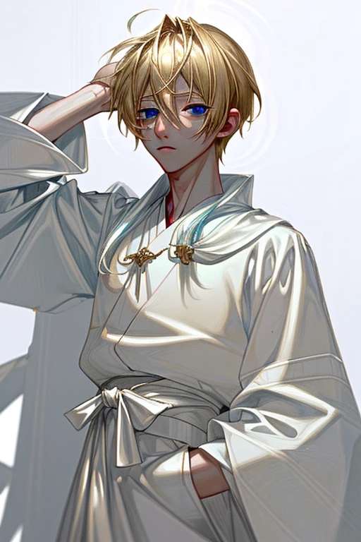 Blond boy with blue eyes，Wearing white priestly robes。realism,High level of detail。 