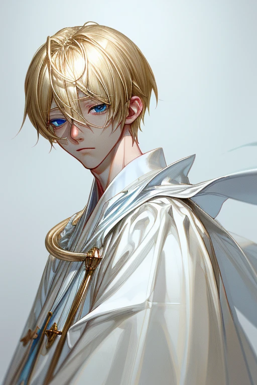 Blond boy with blue eyes，Wearing white priestly robes。realism,High level of detail。 