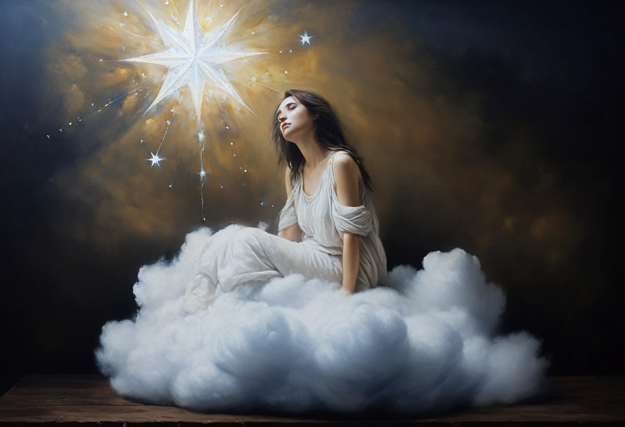 painting of a star girl sitting on a cloud. Hope. An unexpected feeling of clarity and understanding. Inspiration, cinematic scene, volumetric lights, ultra realistic, in the style of nicola samori