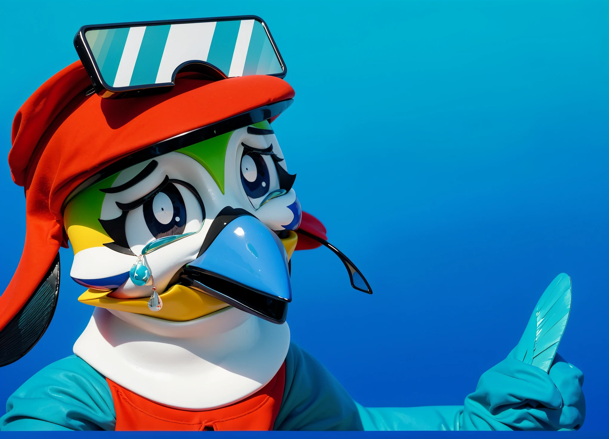 This image depicts a cartoon bird character against a gradient blue background. The bird has multicolored plumage with dominant green on its forehead, white on its neck, and a blue beak. It is wearing a red cap with a large visor and goggles with blue and white lenses, which are lifted onto its head. The bird's face shows large, expressive eyes with tears streaming down its cheeks, giving an impression of sadness or sorrow. The character is dressed in a red vest that contrasts with its blue wings. The emotional expression and colorful appearance of the bird add vibrancy and charm to the image.glossy cute