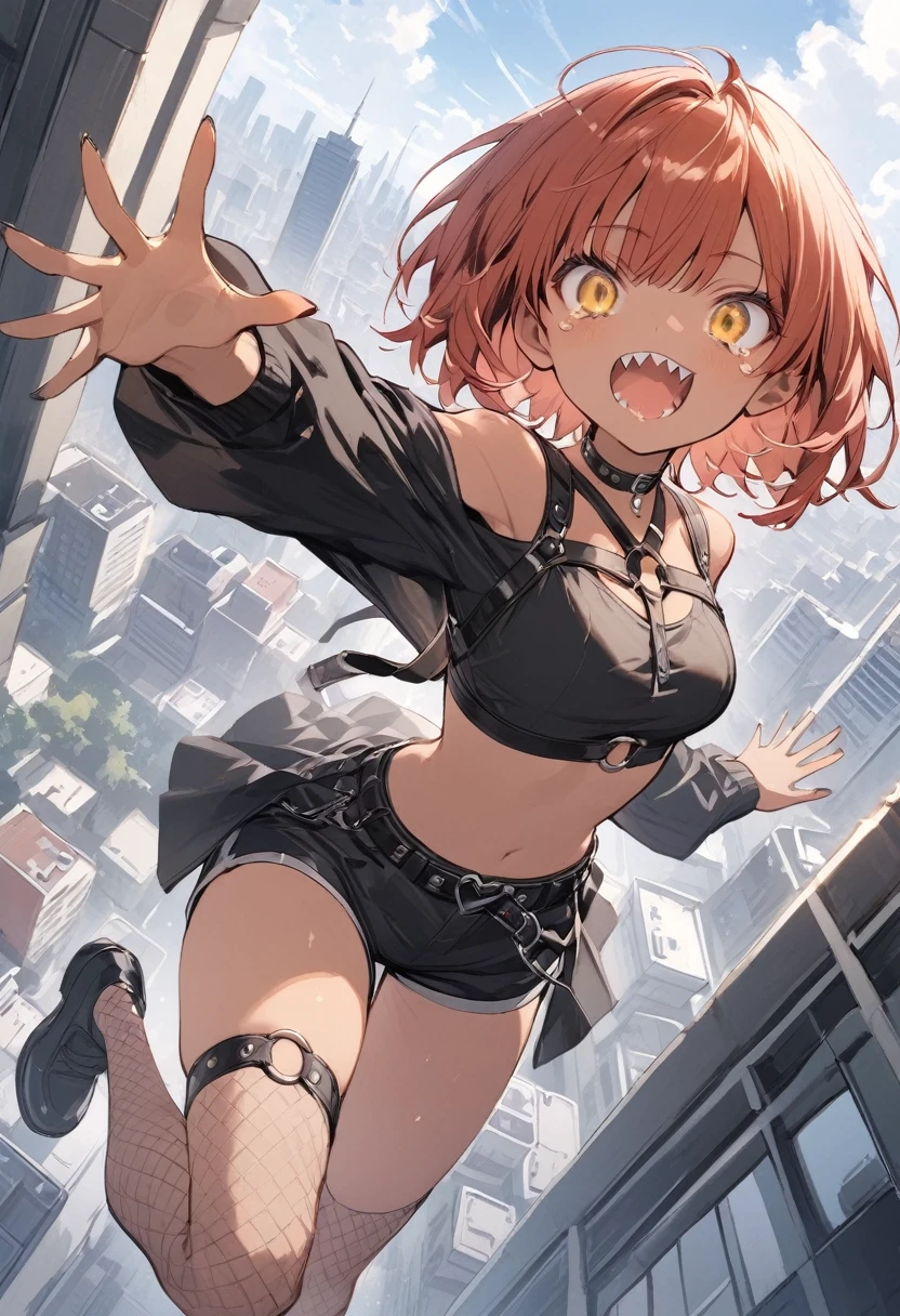 full body,1 woman, 20 years old (cute:1.3),short red Hair, left eye blue, right eye yellow, tan skin, freckles, sharp teeth,{open sexy clothes, black skirt, Black stockings, long sleeves, chest harness, black shirt, crop top, shorts, Shoes, O-Ring, midriff, off shoulder, medium breasts, thigh strap, shorts, fishnet stockings,Glossy, shiny material, falling off the edge of a high rise building down to the city down below, reaching out towards the camera, scared expression, yelling, frowing, tears coming from eyes