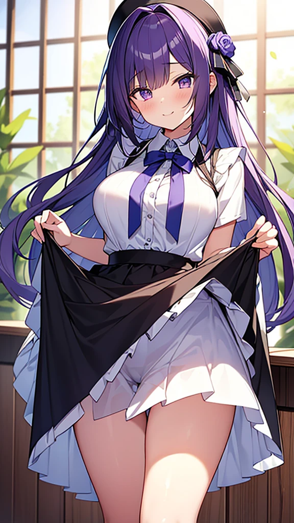 最high quality, high quality, Super detailed, 16K, Ultra-detailed details, pretty girl, alone, beautiful purple hair, Beautiful purple eyes, Big Breasts, A light smile, Summer clothes, Summer Maid clothes, I'm lifting my skirt, Blue and white color striped underwear(Showing her underwear under her skirt), Black knee socks, My crotch is wet with love juice, {{The master steals the face and voice of the girl he likes, then lifts up her skirt with the girl&#39;s face and voice to seduce the master.}}, Full body image, NSFW