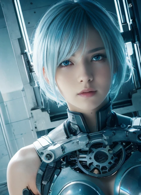 ((masterpiece, Highest quality, Best image quality, High resolution, Realistic, RAW Photos, 8K)), cyborg, Her body is covered in gears and a light blue metal frame...White Background, Empty Lab, Dilapidated city,Vibrant,Light blue hair、Low - Angle