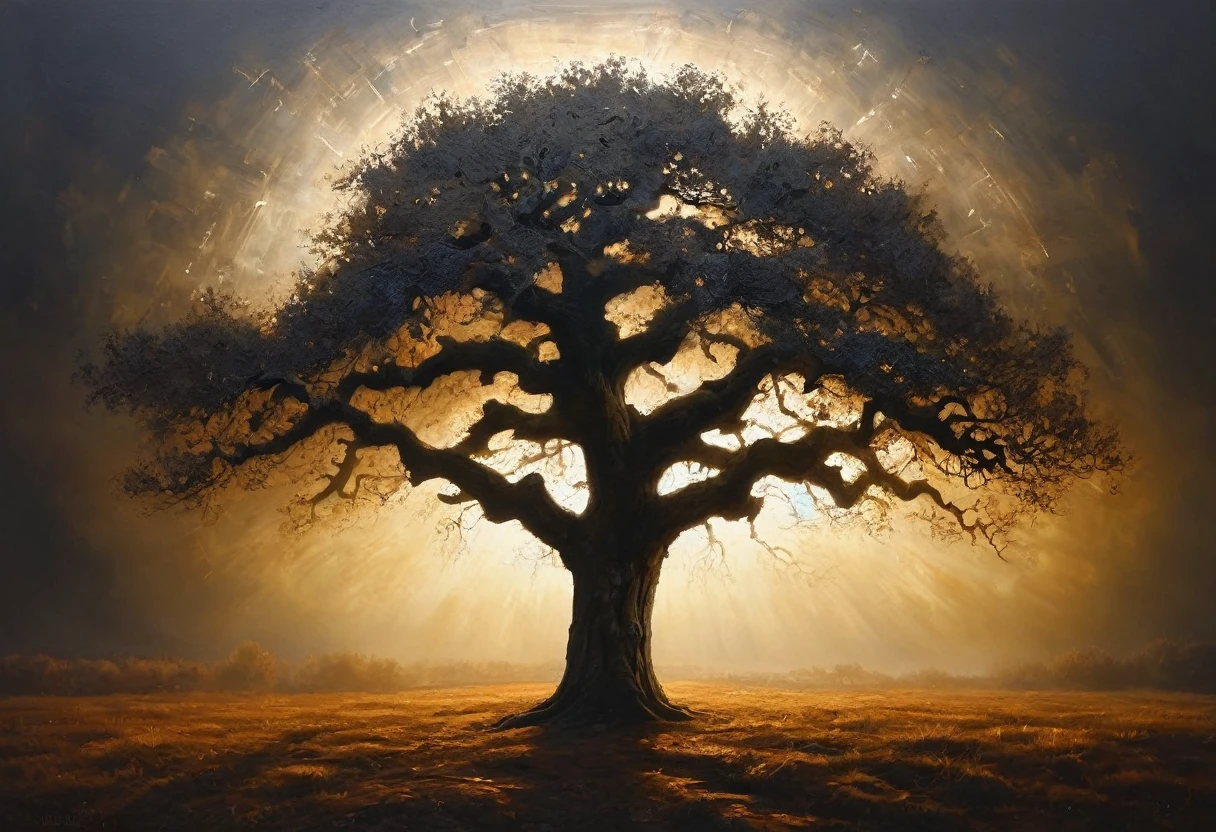 painting of a lonely old oak, cinematic scene, volumetric lights, ultra realistic, in the style of nicola samori