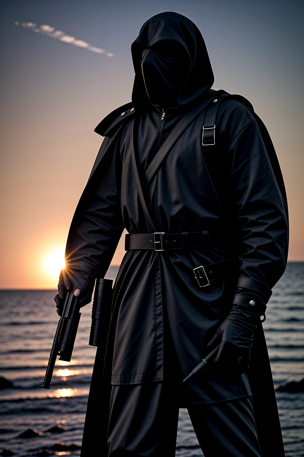 a man wearing modern military grade armor, gear belt full of gun magazines, a tattered hood over his head, wearing a plague doctor mask, a futuristic and hastily repaired semi-automatic rifle strapped over his back, a regular built body, wearing a messy black cloak, bandage wraps around his arms, side profile, hyper-realistic, sunset, very detailed plague doctor mask over his face, standing amidst a sunset, cinematic side view, sunset in the background, post apocalypse, is a burn victim, wearing a scav outfit from escape from tarkov, 