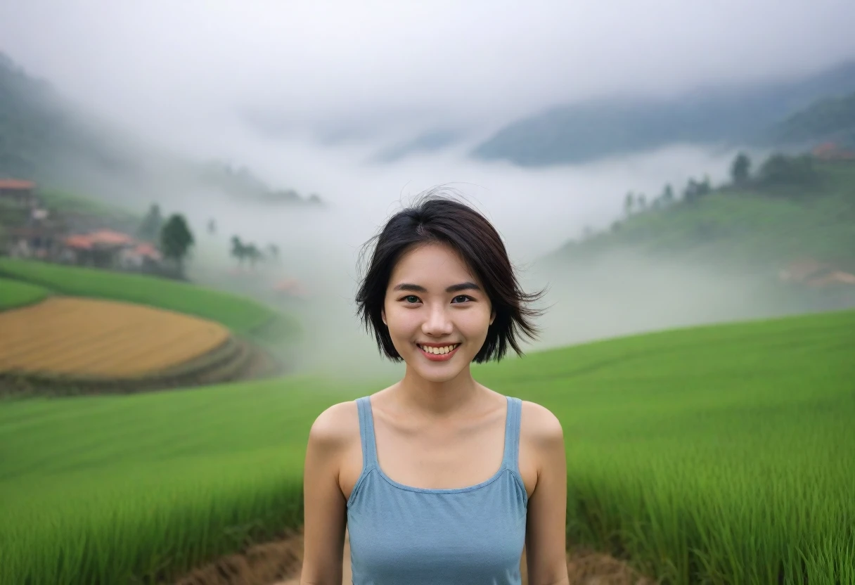 Beautiful Korean Woman, Chest size 34 inches, Wearing sleeveless and light skirts, Foggy scenery of Sapa, Vietnam, A terraced rice field is visible, Short and medium hair blowing in the wind, Taken from a distance with a wide angle lens, Realistic living landscape, Front photo facing the camera, best picture quality, Short medium hair blowing in the wind, smile brightly, A thick fog obscures the front, standing on the side of the road far away.