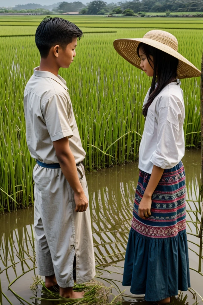 girl, boy, rice field