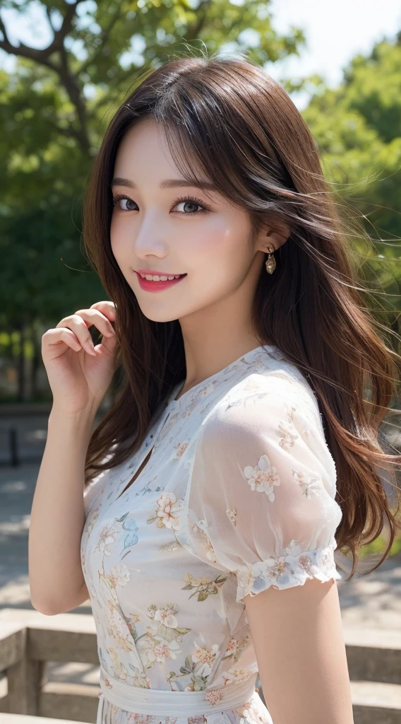 Smile, Looking at the audience, Hair accessories, Japanese clothes, side , Separate sleeves, Wide sleeves, Jewelry, earrings, Bare shoulders, 1 Girl, windy, outdoors, Digital SLR Camera, Bokeh, outdoor, Grass, Trees, evergreen, Sunlight, Sunlight, detailed, Ultra Detailed, high resolution, best quality, masterpiece, light,