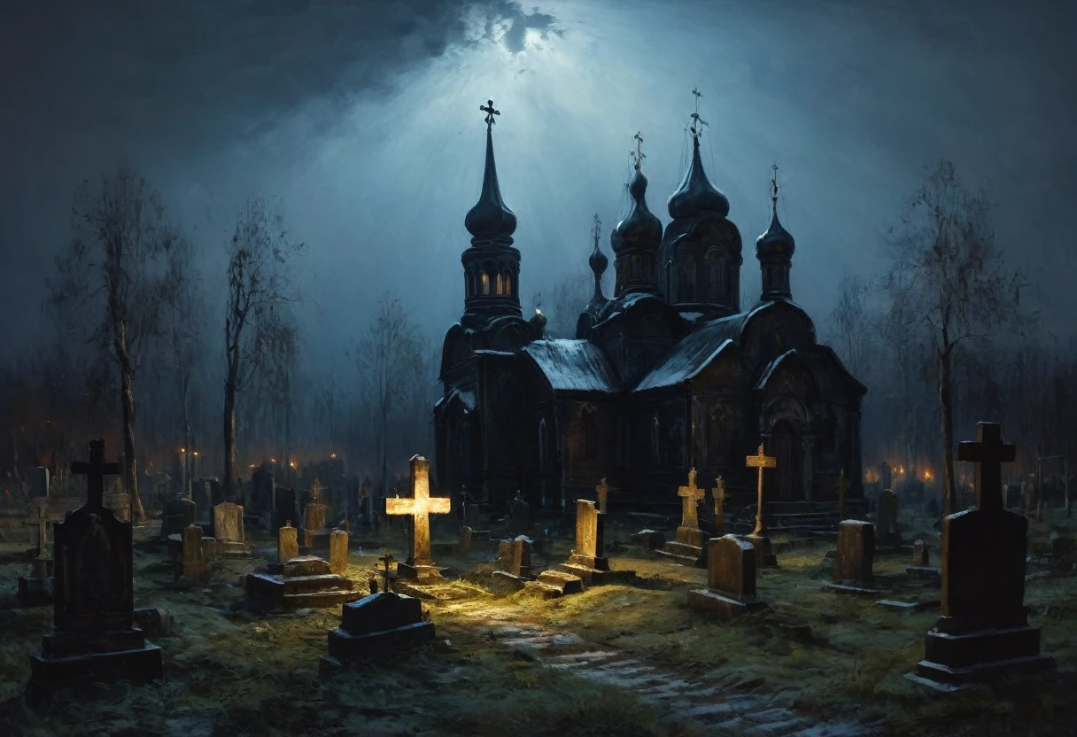 painting of a ancient Russian churchyard, crosses, graves. cinematic scene, volumetric lights, ultra realistic, in the style of nicola samori