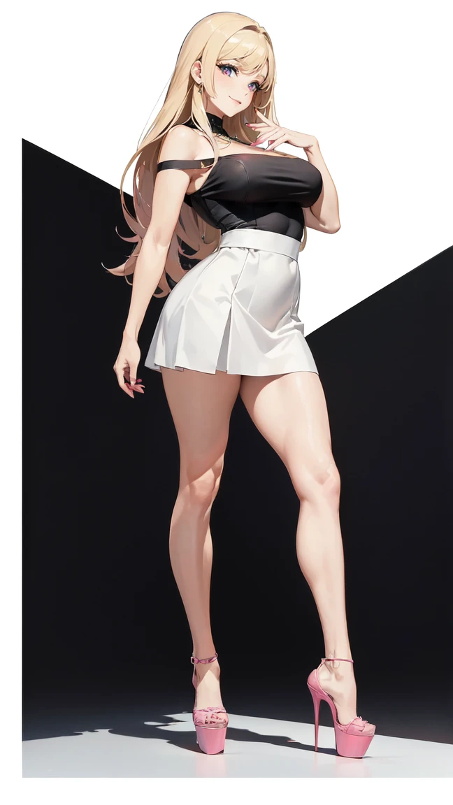 ((masterpiece, high resolution, better quality, better details)), ((Marin Kitagawa)), ((Smiling)), ((one girl)) a girl modeling standing, mini skirt, blouse, ((big neckline)), ((platform high heels)), pink eyes with black outline, (light blonde hair, straight hair, straight bangs, long hair)), long nails, pink nails, (((curvy body))), shiny skin, ((side view)), solo, bare shoulders, full body, focus full body, high heels, ((White background)),