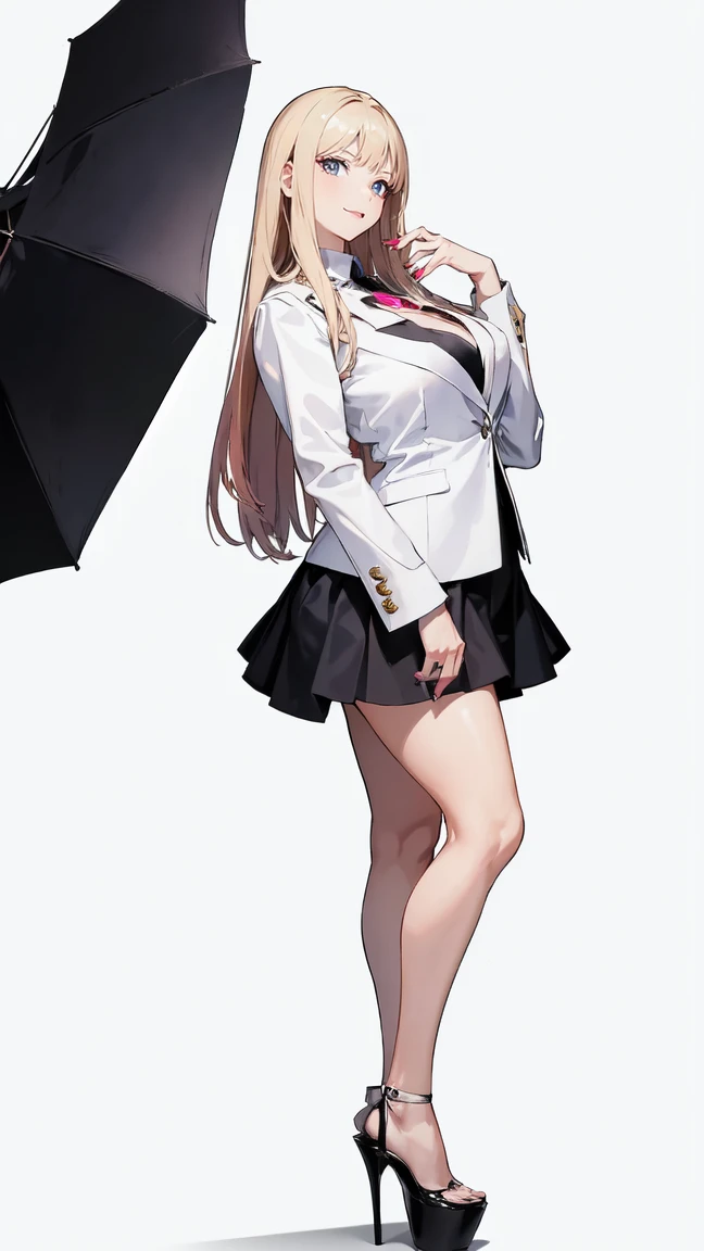 ((masterpiece, high resolution, better quality, better details)), ((Marin Kitagawa)), ((Smiling)), ((one girl)) a girl modeling standing, mini skirt, blouse, ((big neckline)), ((platform high heels)), pink eyes with black outline, (light blonde hair, straight hair, straight bangs, long hair)), long nails, pink nails, (((curvy body))), shiny skin, ((side view)), solo, bare shoulders, full body, focus full body, high heels, ((White background)),