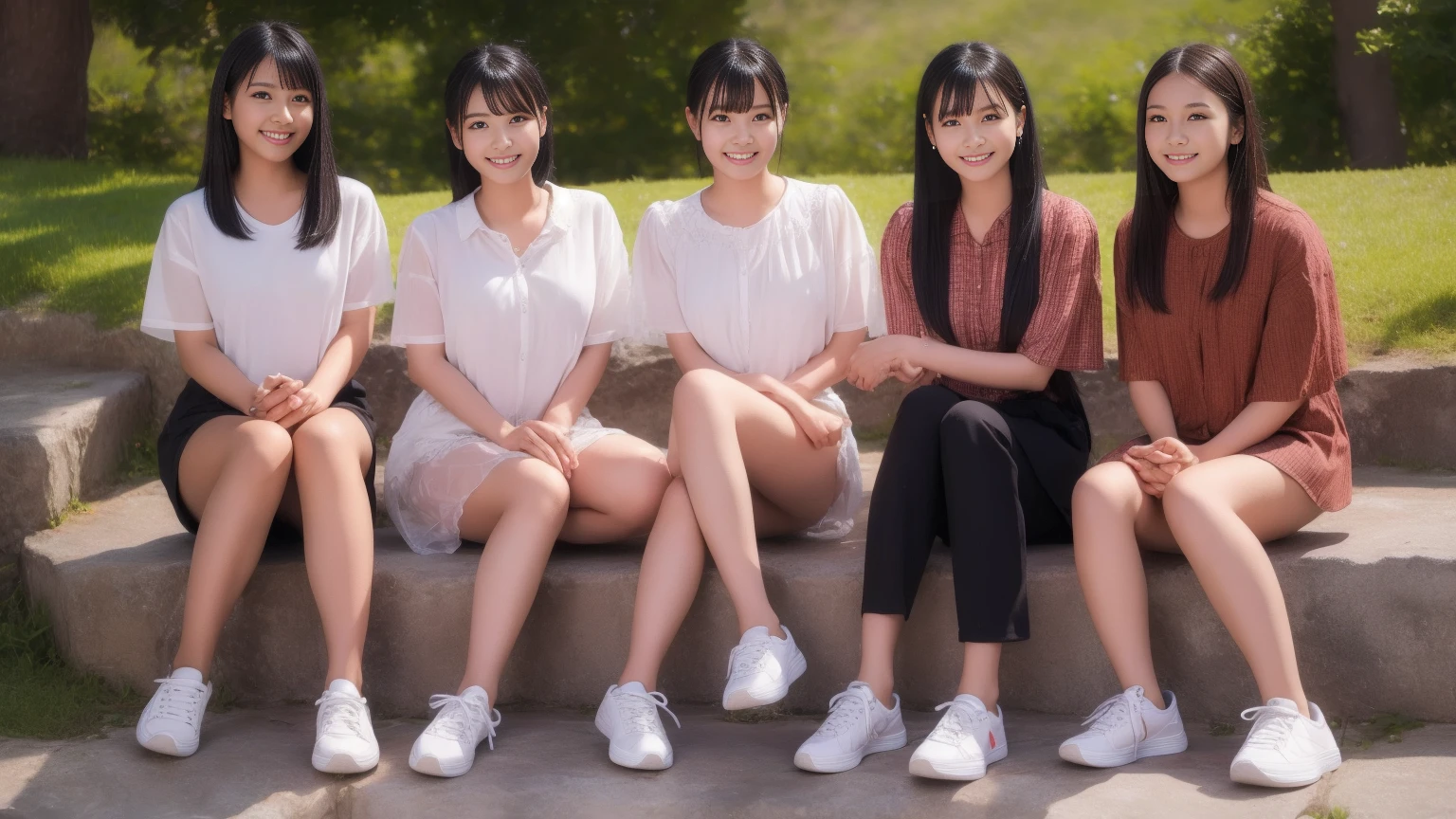 Three happy girls were sitting on the stone steps, Take a full body photo、Laughing happily、She was wearing a white blouse, Vans Sneakers, Red checked skirt、White sneakers, Black Hair, detached houses, Flowers,Happy girl with round face, Big eyes, Long eyelashes, Full-body display、Detailed Private Parts、Hairless、Detailed female genitalia、Spread your legs、From directly below、I see your white pants