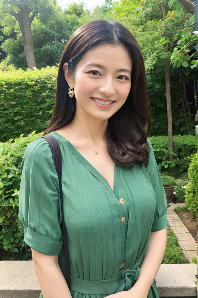 ((Highest quality)), ((masterpiece)), (detailed), Japanese, 40 years old, Beauty, front,Diagonal orientation、smile, Nagoya, Single Mother,Natural Photography,garden,Commemorative photo,piece