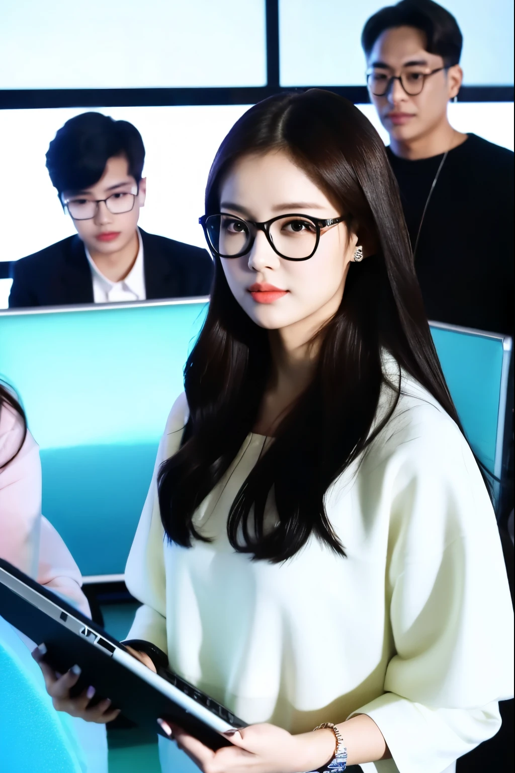 araffe woman with glasses and a white dress holding a laptop, with glasses, jossi of blackpink, portrait of jossi of blackpink, wearing thin large round glasses, portrait jisoo blackpink, jisoo of blackpink, tzuyu from twice, ( ( eye glasses ) ), heonhwa choe, jisoo from blackpink, lee ji-eun, lee ji - eun