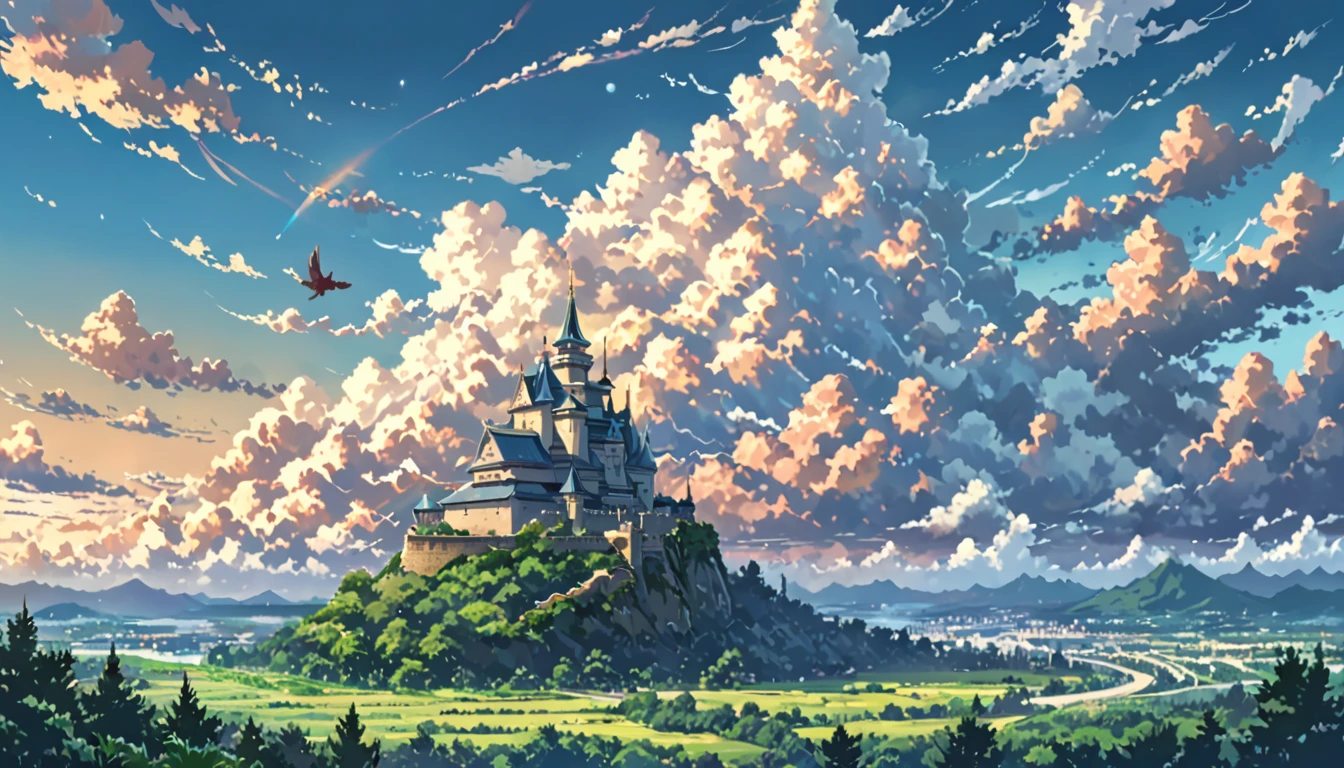 ((Anime: 1.4, Illustration)), (Masterpiece, Top Quality, Best Quality), (Ultra-Detailed, Absolutely Resolution), ((16k, HIGH RES)), ((Dragon flying in the sky, blue sky, cumulonimbus clouds, light, vast land, castle visible in the distance), ( Anime: 1.4, Illustration)), (Masterpiece, Top Quality, Best Quality), (Ultra-Detailed, Absolutely Resolution). Ak {Lofi Art, Style of Laurie Greasley, Style of Makoto Shinkai, Anime Aesthetic}, BREAK {(Produces IMAGES WITH ITH INFORMATION THAN 40 Million Pixels with Cinematic-Like Detailed Textures S Hot on a Sony slur).}