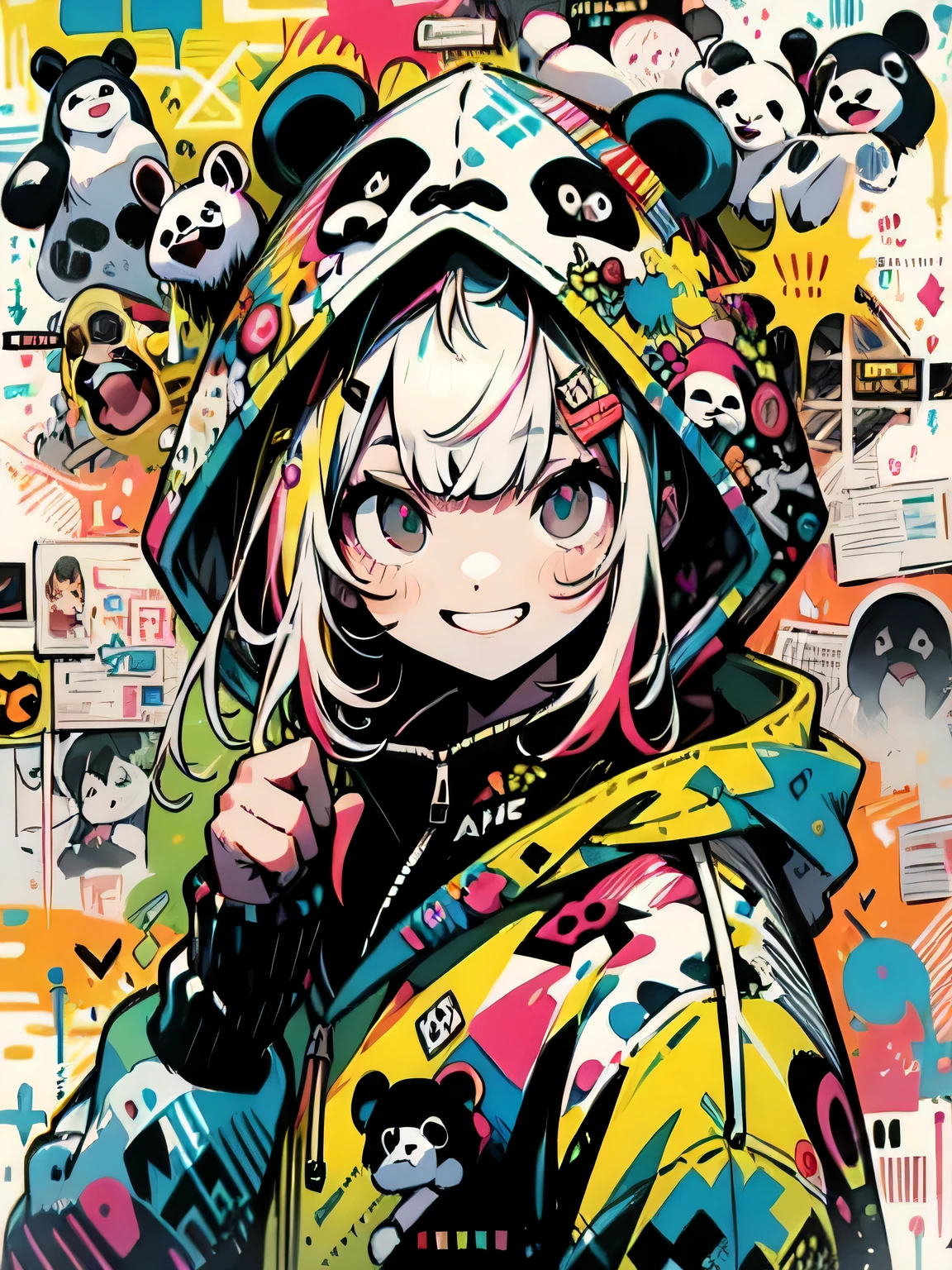 solo,upperbody,(blunt bangs),colosed eyes smile,multicolor panda hoodie,happy punch action,grin,underfull graffiti,