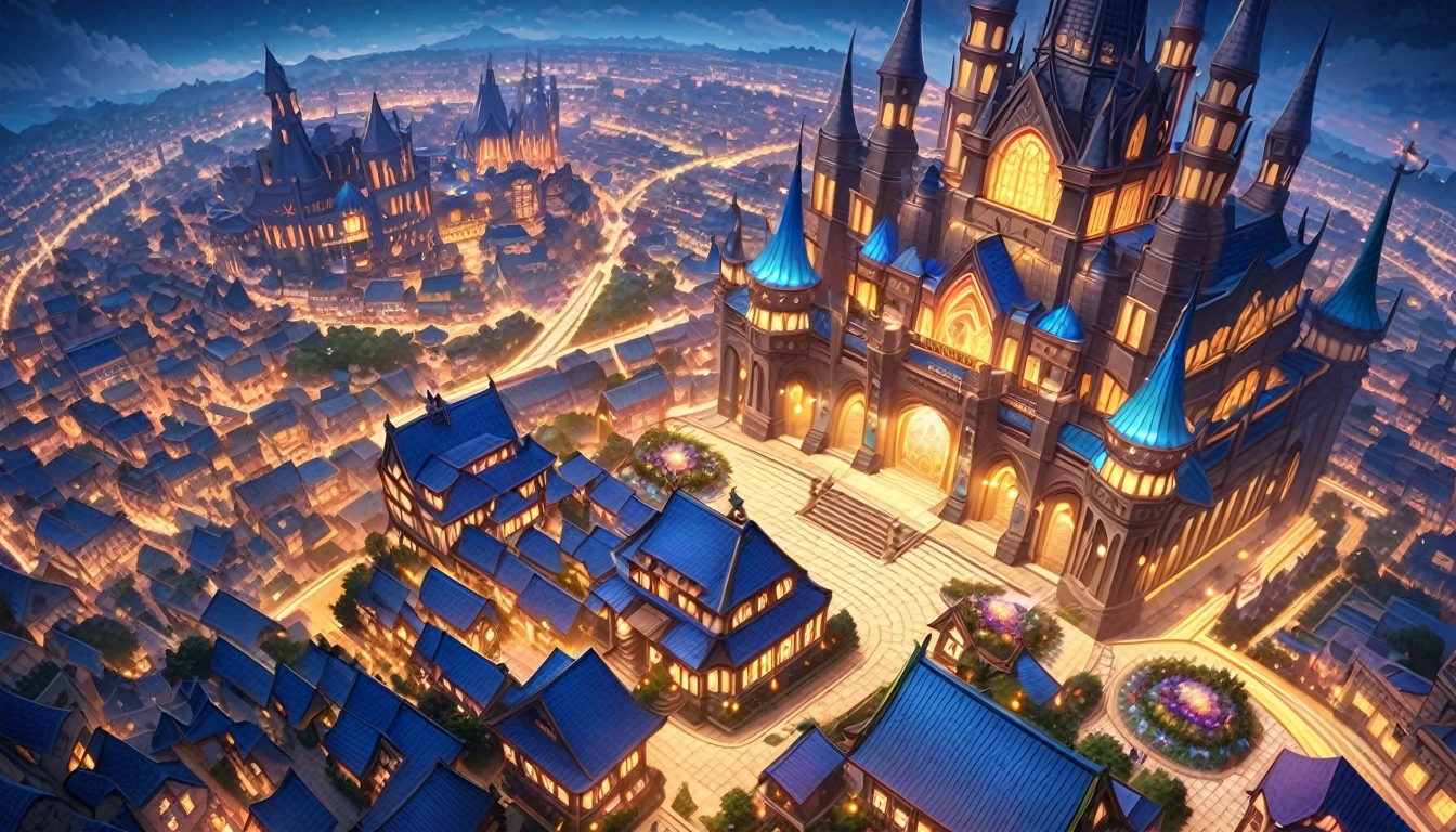 anime aestetics, anime scenery, night, city of magic, dalaran, world of warcraft, wow, purple and blue colors, vibrant colors, warm colors, busy streets, magic flying in the air, glowing particles in the air, castle made of purple crystals, stone roads, beautiful atmosphere, atmospheric perspective, perspective, wide shot, from above, 4K, highres, best quality, award winning, super detail, masterpiece