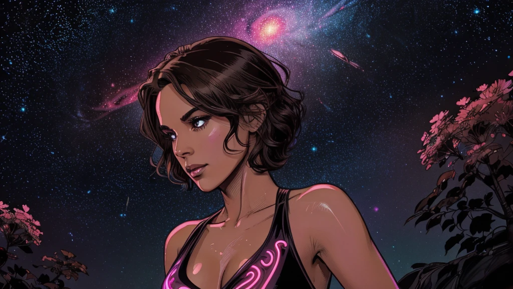 a cute, slender, aerobics instructor, very short brown hair, very short brown hair, very short brown hair, very short brown hair, very short brown hair, brown eyes, dimples, sexy pose; wearing a sheer gown, In a kaleidoscopic realm of swirling stardust and neon nebulae, her incandescent form outshines quasars, with obsidian tresses cascading down her silhouette. more neon psychedelic lighting, more neon psychedelic lighting, more neon psychedelic lighting,