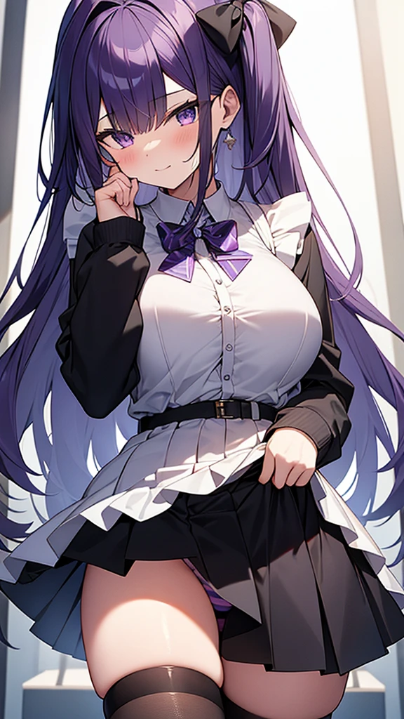 最high quality, high quality, Super detailed, 16K, Ultra-detailed details, pretty girl, alone, beautiful purple hair, Beautiful purple eyes, Big Breasts, A light smile, 赤い目, Summer clothes, Summer Maid clothes, I'm lifting my skirt, Blue and white color striped underwear(Showing her underwear under her skirt), Black knee socks, My crotch is wet with love juice, {{The master steals the face and voice of the girl he likes, then lifts up her skirt with the girl's face and voice to seduce the master.}}, Full body image, NSFW