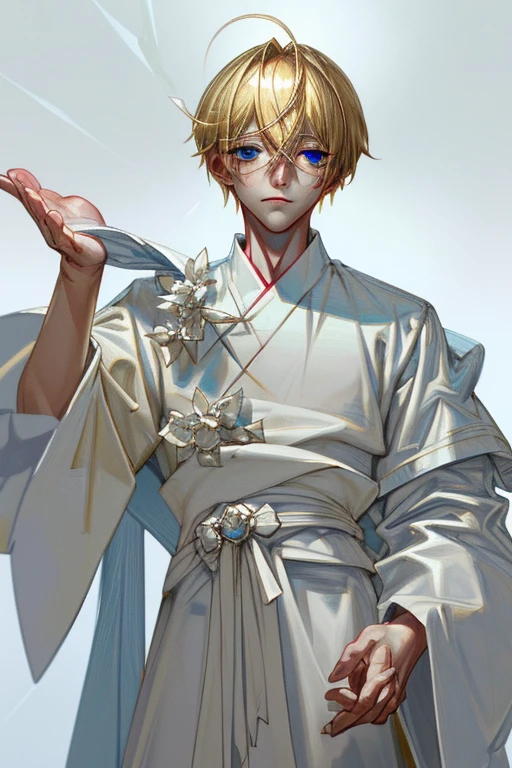 Blond boy with blue eyes，Wearing white priestly robes。realism,High level of detail。 