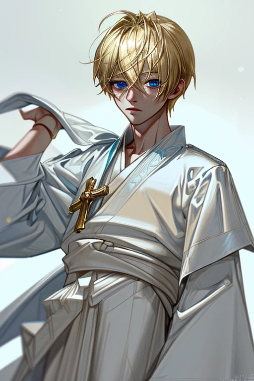 Blond boy with blue eyes，Wearing white priestly robes。realism,High level of detail。 