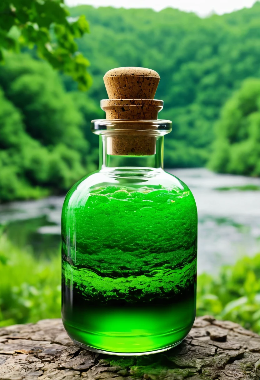 Image of a potion glass , small glass , green potion inside the glass , bright green colour of the potion , potion top opening is closed with a whine cork, forest backgorund , potion glass is kept near river river and forest scenery