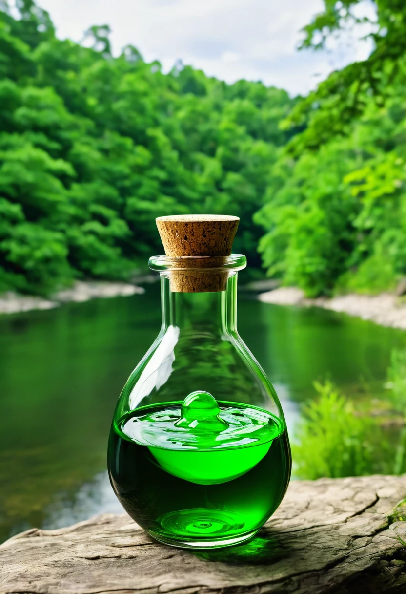 Image of a potion glass , small glass , green potion inside the glass , bright green colour of the potion , potion top opening is closed with a whine cork, forest backgorund , potion glass is kept near river river and forest scenery