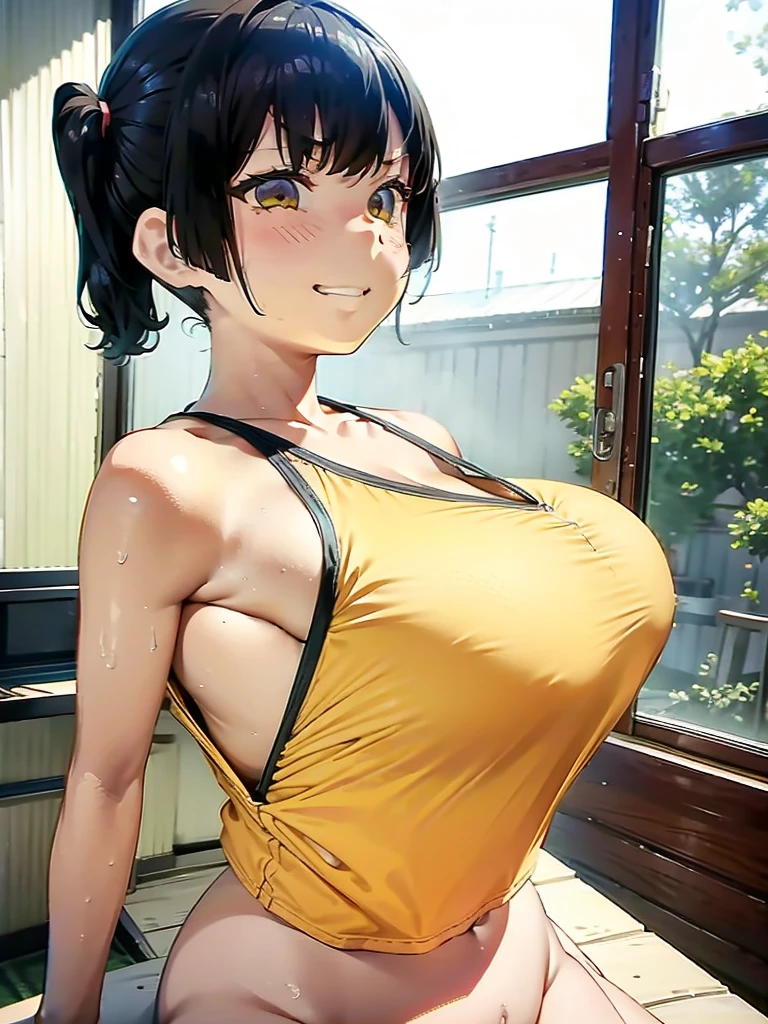 topless, Big Breasts, ぬるぬるのBig Breasts, Sweaty breasts, sasaki kanna, Twin tails, smug face, Grin, titfuck , Yellow Tank Top, , Elementary school girl, She has a childlike figure but her breasts are big