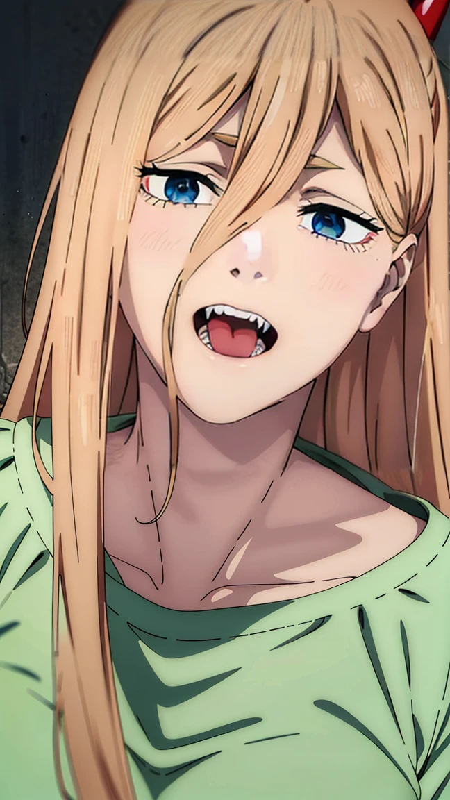 ultra sharp image, beautiful figure, beautiful, full length (full body 1.1.), slender legs, buttocks, slender legs, Wasp waist, erotica, sexy pose, Mouth open in a smile, sharp teeth, laughing, yellow eyes, ultra detailed face, Ultra transparent, Chainsaw Man Energy, Two red sharp horns on the head, ultra sharp image, very beautiful, long hair, blonde, beautiful figure, tight clothes, T-shirt with the image of a cat, denim shorts, shoes, Red crosses and circles instead of pupils, Beautiful body, sexy clothes, Beautiful eyes, very detailed eyes, Very detailed face, Beautiful body, Chereter Design, Very detailed, detailed body, detailed hands, detailed, bright, detailed Face, sharp focus, clap, Artgerm, anime art, bright, detailed Face, Hugh Details, sharp focus, Very downcast face, detailed eyes, Super lovely illustration, best shadow, finely detail, beautiful detail