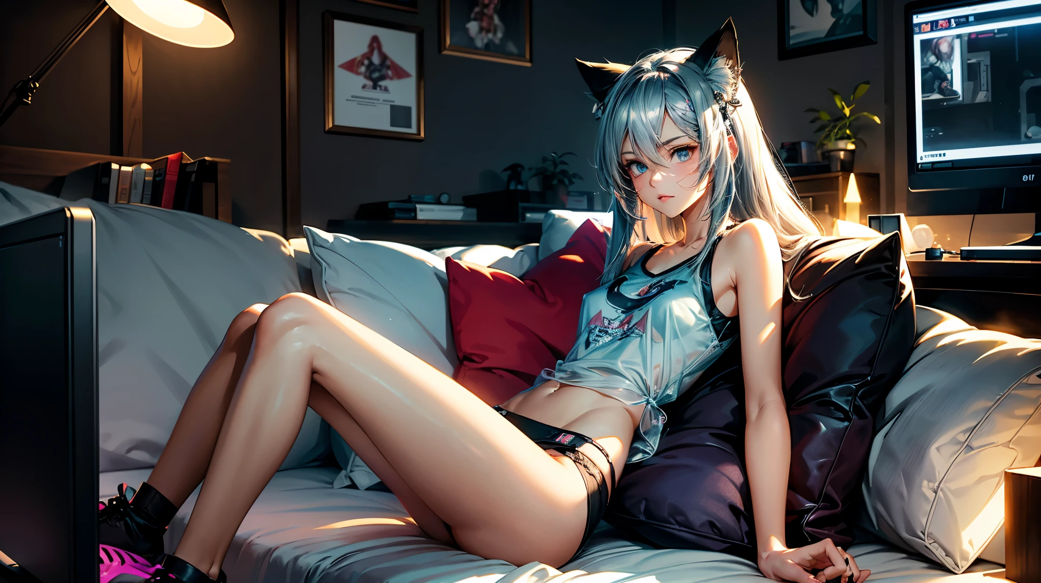 Create a high-quality, detailed image of a beautiful anime gamer girl with tattoos, long silver hair, and small cat ears, sitting at her gaming PC in her bedroom. She is wearing a see-through tank top, barely showing her , with her legs open, revealing her pantiesdriff. The warm, inviting scene includes soft ambient lighting and comfortable seating. The bedroom is illuminated by a small lamp, creating a serene and intimate atmosphere. Ensure the room has cozy elements like a bed with plush pillows and blankets, posters on the walls, and a few gaming accessories scattered arouo enhance the ambiance.