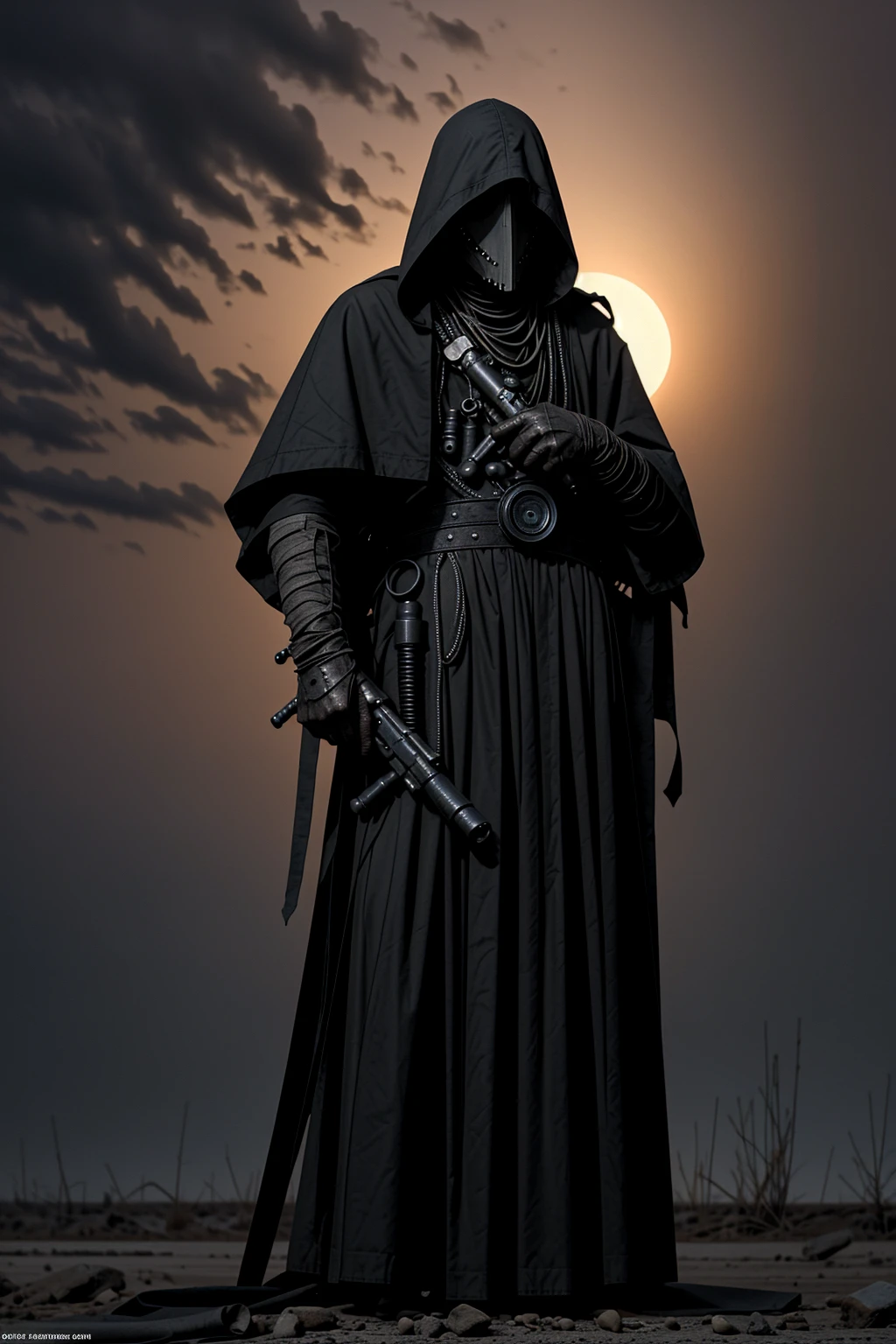 a man wearing modern military grade armor, gear belt full of gun magazines, a tattered hood over his head, wearing a plague doctor mask, a futuristic and hastily repaired semi-automatic rifle strapped over his back, a regular built body, wearing a messy black cloak, bandage wraps around his arms, side profile, hyper-realistic, sunset, very detailed plague doctor mask over his face, standing amidst a sunset, cinematic side view, sunset in the background, post apocalypse, is a burn victim, wearing a scav outfit from escape from tarkov, 