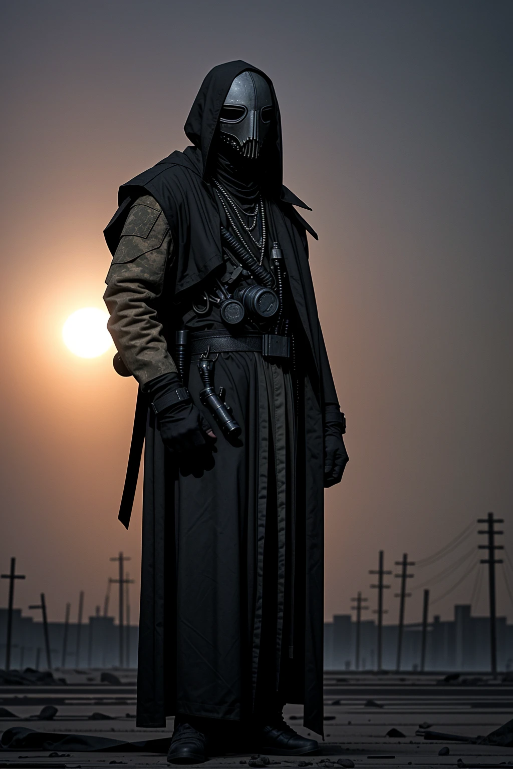 a man wearing modern military grade armor, gear belt full of gun magazines, a tattered hood over his head, wearing a plague doctor mask, a futuristic and hastily repaired semi-automatic rifle strapped over his back, a regular built body, wearing a messy black cloak, bandage wraps around his arms, side profile, hyper-realistic, sunset, very detailed plague doctor mask over his face, standing amidst a sunset, cinematic side view, sunset in the background, post apocalypse, is a burn victim, wearing a scav outfit from escape from tarkov,